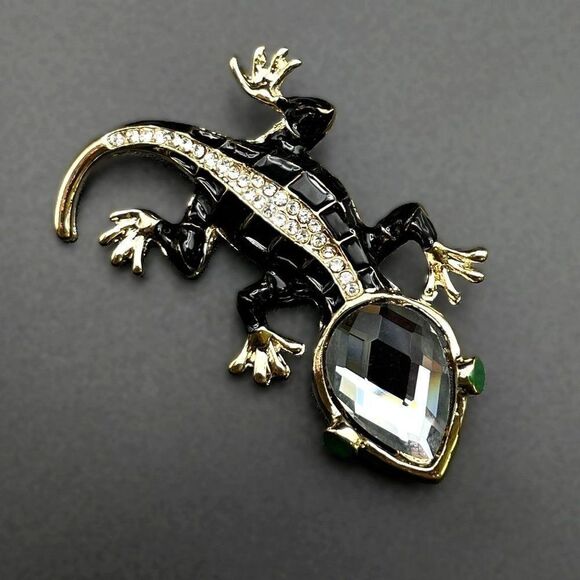 Yellow Gold with White Diamond and Gray Crystal Enamel Lizard Pin Back Brooch - Picture 2 of 8